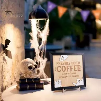 Деревянный журнальный столик на Хэллоуин с подставкой, украшение для кофейного бара с мультяшным призраком, рама из цельного дерева, черная, кофейный настольный орнамент 15x15cm кофейный