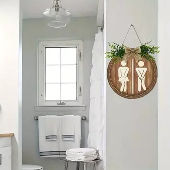 Деревянный знак для туалета Искусственные зеленые листья Настенный декор Ванная комната Знак Пол Теги