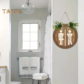 Деревянный знак для туалета, искусственные зеленые листья, настенный декор, знак для ванной комнаты, гендерные теги, деревенский знак для ванной комнаты с тесьмой для домашнего кафе, ресторана, бара