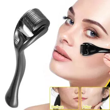 Дермароллер для лица, волос, бороды, кожи головы, 0,3 мм, микроигольчатый ролик с безопасным футляром для хранения, персональный косметический инструмент для мужчин и женщин, подарочный вариант 0.20mm чёрный