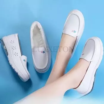 Dermis Air CushionWinter Woman Nurse Flat Shoes Fashion White Slip on Comfort Moccains Shoes Warm Plush Loafers Wedge Shoes 39 белый