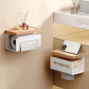 Держатель для бумаги с полкой из цельного дерева, черный, белый, алюминиевый, креативный, для кухни, ванной, туалета, стеллаж для хранения салфеток, ящик для хранения салфеток белый