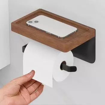 Держатель для бумаги с полкой из дерева, черного алюминия, настенный держатель для рулона туалетной бумаги, держатель для хранения салфеток для ванной комнаты, туалета белый