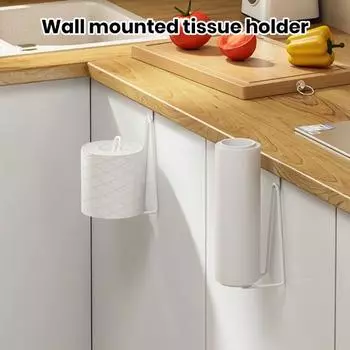 Держатель для бумажных полотенец Дверная подвеска без перфорации Противоскользящая Большая несущая способность Сверхмощный органайзер для рулонов бумаги Кухня Ванная комната Шкаф Офисные салфетки белый