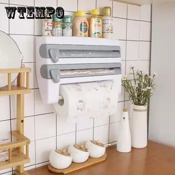 Держатель для бумажных полотенец Полка для бутылки соуса Кухонный органайзер 4 в 1 Держатель для резки пищевой пленки Кухонные аксессуары белый