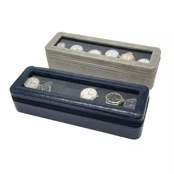 Держатель для часов со стеклянной крышкой, кожаный футляр для хранения часов, футляр для хранения часов для мужчин и женщин, 6 слотов, на молнии, футляр для хранения часов темно-синий