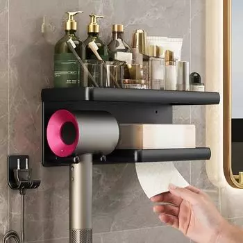 Держатель для фена, подставка для ванной, настенный органайзер для фена, алюминиевая подставка без сверления, полка, аксессуары для хранения B gray