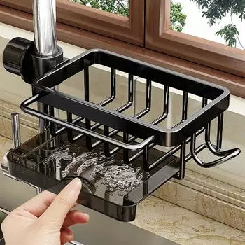 Держатель для губки для мытья посуды, органайзер для смесителя кухонной раковины, съемный алюминиевый органайзер для мойки над краном, работает с круглой водопроводной трубой серебряный