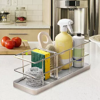 Держатель для губки для раковины, полка для хранения щеток, корзина для слива из нержавеющей стали для мытья посуды white tray