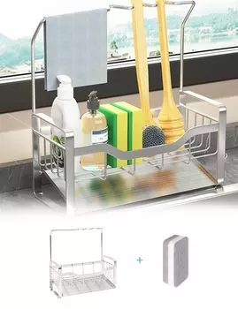 Держатель для губки из нержавеющей стали 304, подставка для губки для кухонной раковины, держатель для хранения губки, в комплекте моющее средство для посуды/скребок/губка, устойчивая к ржавчине