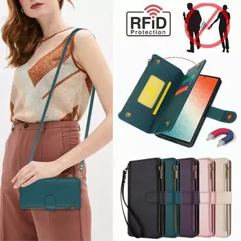 Держатель для карт с блокировкой RFID, мягкий чехол из искусственной кожи, магнитный ремешок с застежкой-молнией, защитный чехол для iPhone 16, 15, 14, 13, 12 Pro Max, Samsung Galaxy Samsung Note 20 Ultra чёрный