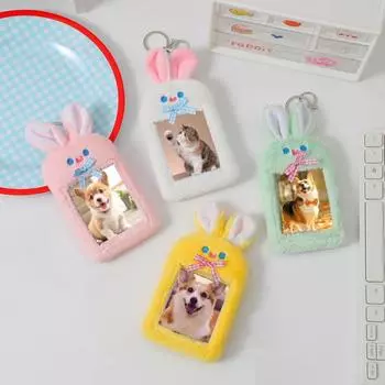 Держатель для карт с цепочкой для ключей, пушистый плюшевый милый кролик в форме банта, мини-Kpop Idol, чехол для фотокарточки, протектор, школьные принадлежности розовый