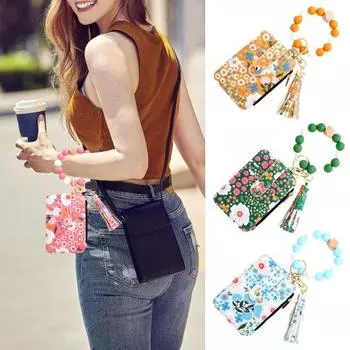 Держатель для карт с ремешком на запястье с бусинами, красочный цветочный принт, кисточка, запястье, кошелек из искусственной кожи, браслет, сумка для удостоверения личности для ежедневных деловых поездок D