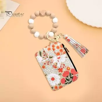 Держатель для карт с ремешком на запястье с бусинами, красочный цветочный принт, кисточка, запястье, кошелек из искусственной кожи, браслет, сумка для удостоверения личности для ежедневных деловых поездок E