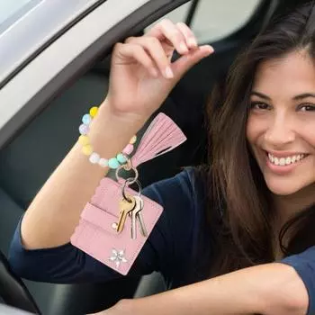 Держатель для карт с защитой RFID и декором в виде цветка и бусин из стразов для женщин, брелок-кошелек, искусственный 2