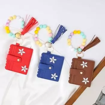 Держатель для карт с защитой RFID и декором в виде цветка и бусин из стразов для женщин, брелок для ключей из искусственной кожи, держатель для кредитных карт, кошелек 1