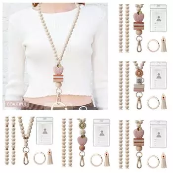 Держатель для карточек и шнурок с бусинами для женщин, прозрачный держатель для карточек с бусинами, шейный ремешок, кисточки, брелок с подвеской 3