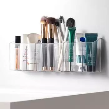 Держатель для кистей для макияжа, прозрачный настенный ящик для хранения с клейкими крючками, косметический органайзер с отделениями для ванной комнаты, спальни чистый