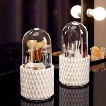 Держатель для кистей для макияжа, вращающийся на 360° органайзер для косметики, органайзер для хранения косметики с крышкой для туалетного столика и ванной комнаты белый