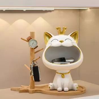 Держатель для ключей Fortune Cat, фигурка для входа, поделки, коробка для хранения из смолы, большой рот, Lucky Cat, настольная скульптура, декор для гостиной, стола