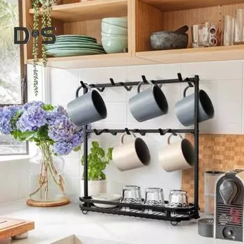 Держатель для кофейных кружек для столешницы, 14-крючковая стойка с полкой для хранения, 2-уровневая стойка для кружек, экономящая место под кружки, органайзер на дереве чёрный
