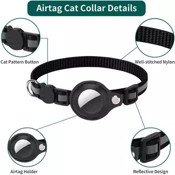 Держатель для кошачьего ошейника AirTag, отрывные светоотражающие полоски, регулируемый ошейник для котят, водонепроницаемый ошейник-колокольчик для кошек, чехол для бирки Pet Air Tag чёрный