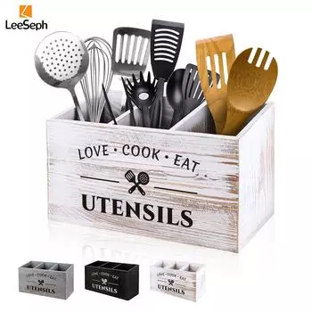 Держатель для кухонных принадлежностей с 3 отделениями, деревянный органайзер для лопаток, сковородок, половников и других кухонных принадлежностей белый