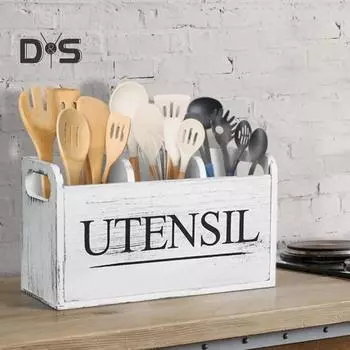 Держатель для кухонных принадлежностей с ручкой, большой емкости, многофункциональный деревянный органайзер для столешницы с 3 отделениями, контейнер для кухонных принадлежностей белый