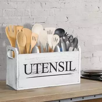 Держатель для кухонных принадлежностей с ручкой, большой емкости, многофункциональный деревянный органайзер для столешницы с 3 отделениями, контейнер для кухонных принадлежностей белый