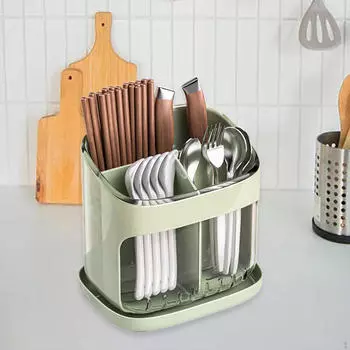Держатель для кухонных столовых приборов, палочек для еды, несколько отделений с подносом, универсальный современный органайзер для столовых приборов зелёный