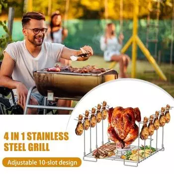 Держатель для курицы из пивной банки из нержавеющей стали для гриля Подставка 4-в-1 с 10 отделениями для куриных крыльев/подставки для ног/шашлыков для барбекю для вечеринок на открытом воздухе серебряный