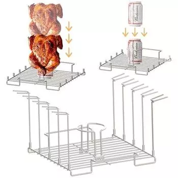 Держатель для курицы из пивной банки из нержавеющей стали для гриля Подставка 4-в-1 с 10 отделениями для куриных крыльев/подставки для ног/шашлыков для барбекю