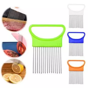 Держатель для лука из нержавеющей стали, резак, кухонный измельчитель овощей, инструмент с 10 вилками, нескользящая ручка для нарезки лука, картофеля, помидоров, лимона синий