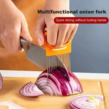 Держатель для лука из нержавеющей стали с нескользящей ручкой для нарезки лука, картофеля, помидоров, лимона, кухонный овощерезка синий