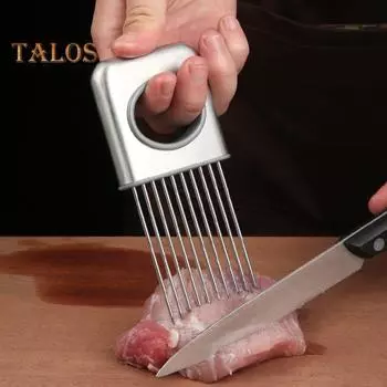 Держатель для лука с эргономичной ручкой из нержавеющей стали, приспособление для нарезки говядины, овощерезка, для картофеля, помидоров, моркови, фруктов, лимонов, мяса, кухонный гаджет серебряный