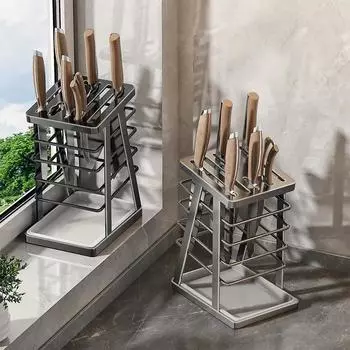 Держатель для ножей из нержавеющей стали с подносом, большой подставка для ножей и кухонных принадлежностей, стойка для хранения инструментов, организация дома