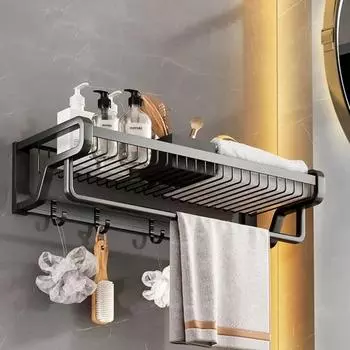 Держатель для полотенец в ванной с крючком, корзина для хранения туалетных принадлежностей, алюминиевая штанга для душа, полка для унитаза, полка для кухни в ванной