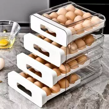 Держатель для яиц для холодильника, выдвижной контейнер для яиц с крышкой, прозрачный пластиковый лоток для яиц, двухслойный органайзер для яиц большой емкости белый