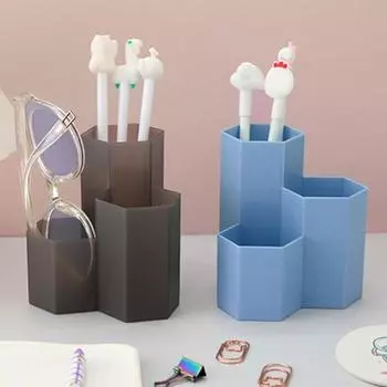 Держатель для ручек большой емкости в форме сот, наклонная вставка, органайзер для стола, пластиковый 3 решетки, косметический ящик для хранения кистей для макияжа, студенческие принадлежности синий