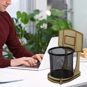 Держатель для ручек Деревянная баскетбольная подставка в форме держателя для хранения карандашей с сетчатой чашкой для стола, офиса, дома, школы чёрный