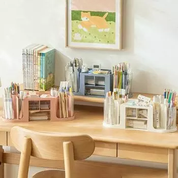 Держатель для ручек с выдвижным ящиком, органайзер для стола, прозрачный вращающийся дизайн, большая емкость, держатель для карандашей, ручка, ящик для хранения синий