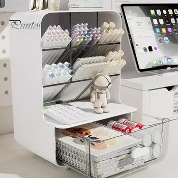 Держатель для ручек Slant, ящик для хранения канцелярских принадлежностей для ученического стола с прозрачным ящиком, большая вместимость, пыленепроницаемый стеллаж для хранения, органайзер для стола молочный белый