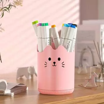 Держатель для ручек, вращающийся на 360 градусов дизайн с рисунком кота, органайзер для канцелярских принадлежностей большой емкости, настольный аксессуар белый