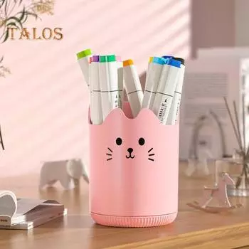 Держатель для ручек, вращающийся на 360 градусов дизайн с рисунком кота, органайзер для канцелярских принадлежностей большой емкости, настольный аксессуар белый