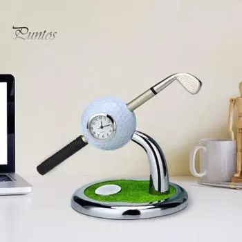 Держатель для ручки для часов для гольфа с часами Мини-настольная подставка для шариковой ручки для гольфа Включает шариковую ручку для гольфа Гладкая ручка для письма Украшение для домашнего офиса Настольный гольф Гольф белый