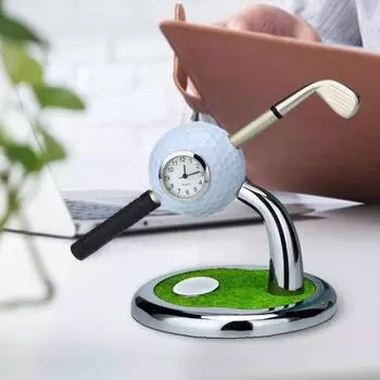 Держатель для ручки для часов для гольфа с часами Мини-настольная подставка для шариковой ручки для гольфа Включает шариковую ручку для гольфа Гладкая ручка для письма Украшение для домашнего офиса Настольный гольф Гольф белый