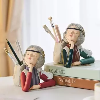 Держатель для ручки с пузырьками для девочек, канцелярские принадлежности, скульптура персонажа из смолы, современное украшение для дома, кабинет, детская спальня, украшение для рабочего стола светло-серый