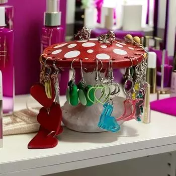 Держатель для сережек и 26 крючков, симпатичный держатель для украшений в виде красного/розового гриба, органайзер для держателя сережек из смолы, подставка для держателя сережек, органайзер для сережек розовый