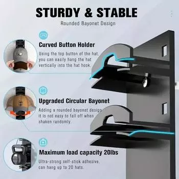 Держатель для шляпы, современная вешалка для хранения бейсболок, держатель для настенного крепления, организация для дверного шкафа чёрный