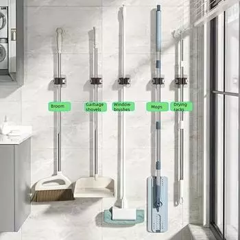 Держатель для швабры и щетки из 8 предметов, не требующий сверления - прозрачное настенное хранилище для предметов первой необходимости для уборки дома